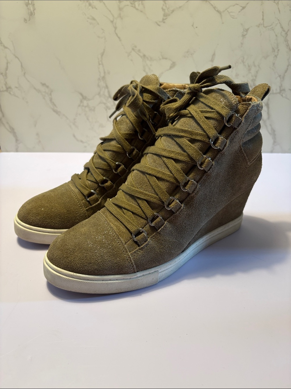 Linea Paolo Women's Suede Wedge Sneaker Boot in tan/taupe Lace-Up size 7